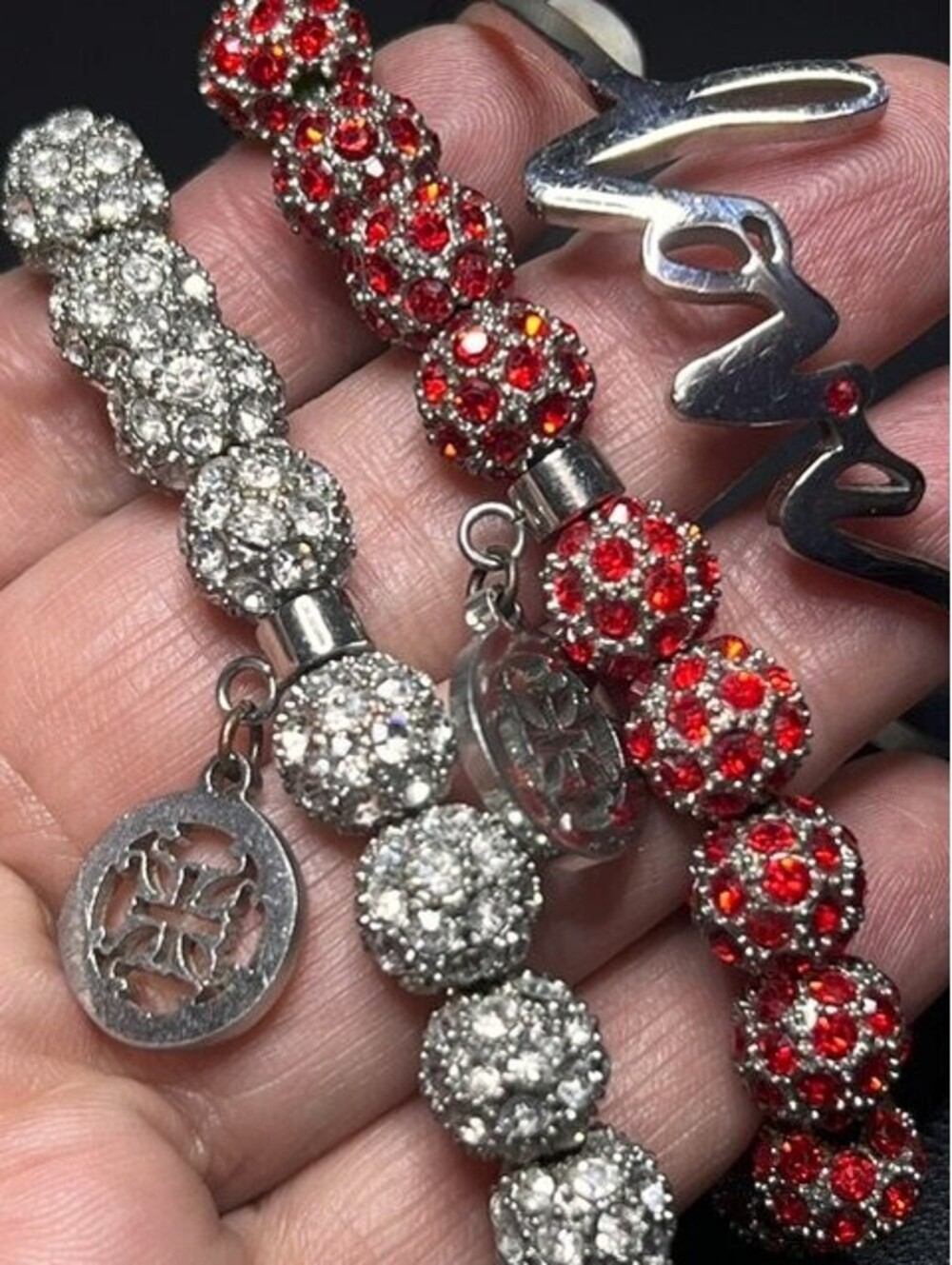 B66233 3pc Rustic Cuff Pave Disco Ball Stretch Bracelet Set Red Clear Rhinestone